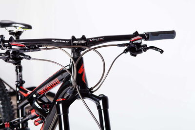 Mountainbike in Schwarz und Rot, Fokus auf Rahmen, Reifenprofil und Scheibenbremsen